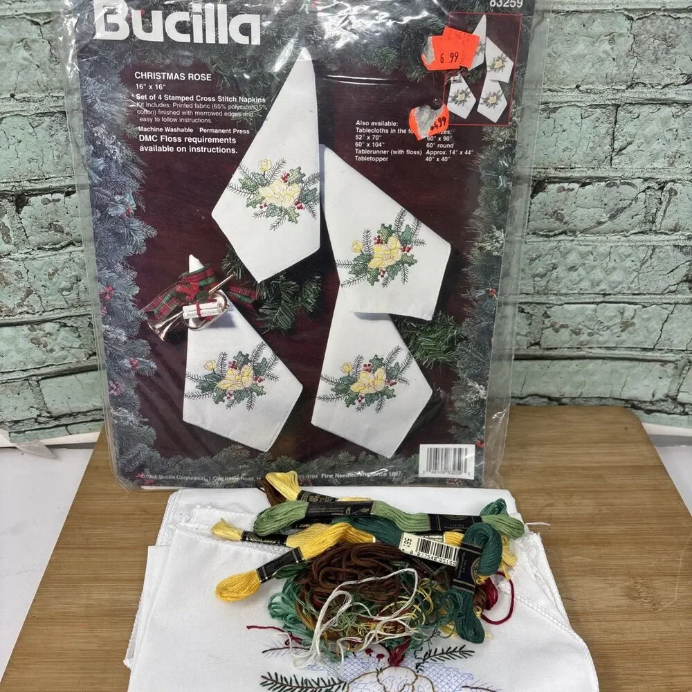 Bucilla Stamped Cross Stitch Napkins Christmas Rose #83259 Some Floss, Started